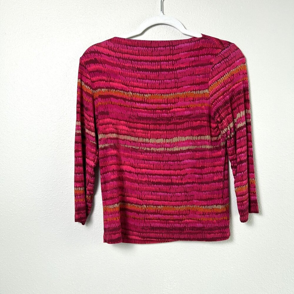 Ruby Rd Top Petites S PS Pink Brown Stripes Pullover 3/4 Sleeve Boat Neck